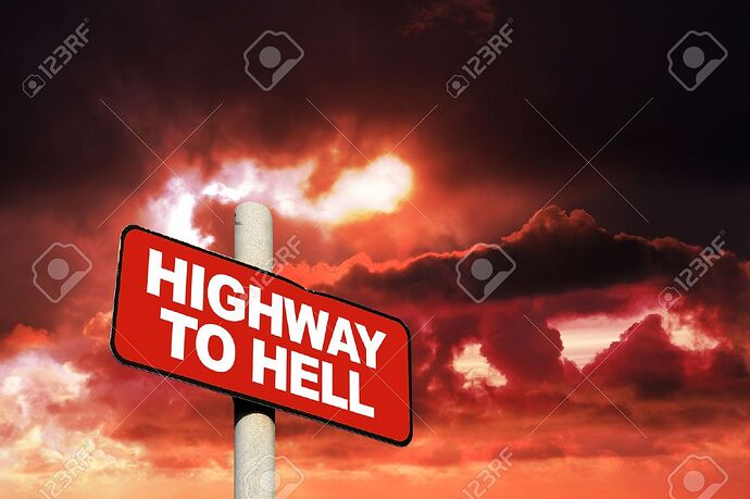 14229012-Highway-to-hell-sign-against-a-red-sky-Stock-Photo